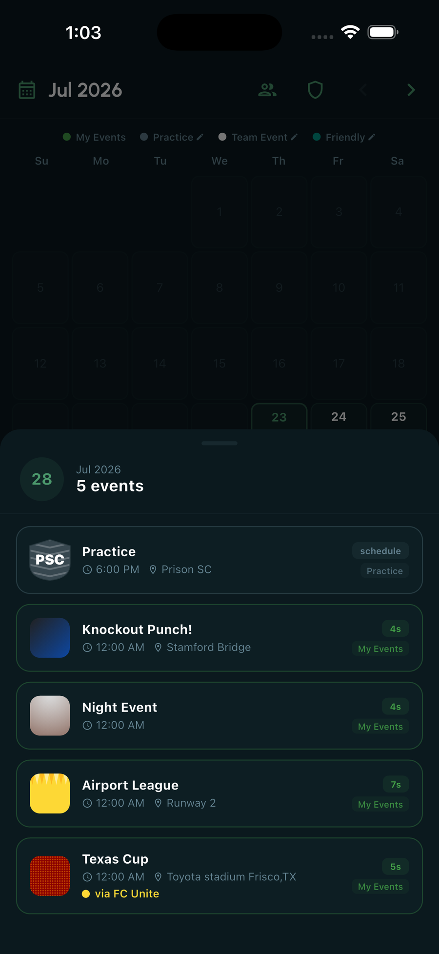 Calendar with a day's events