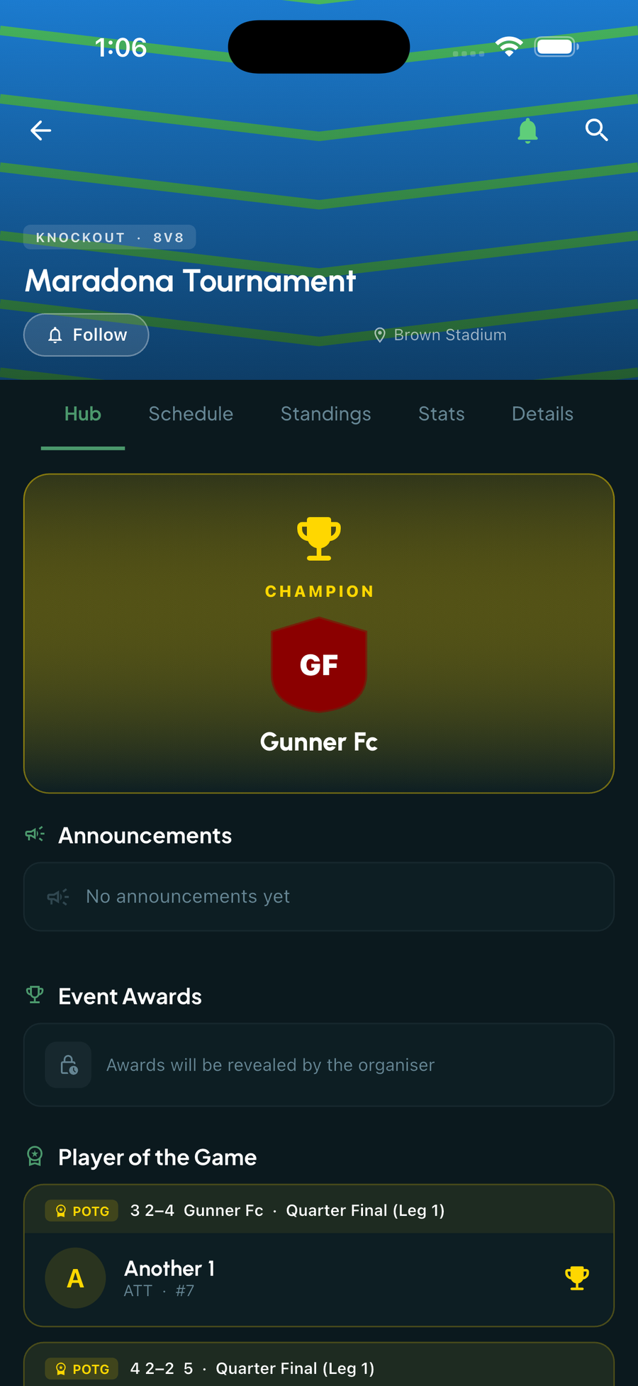 Public event hub with champion