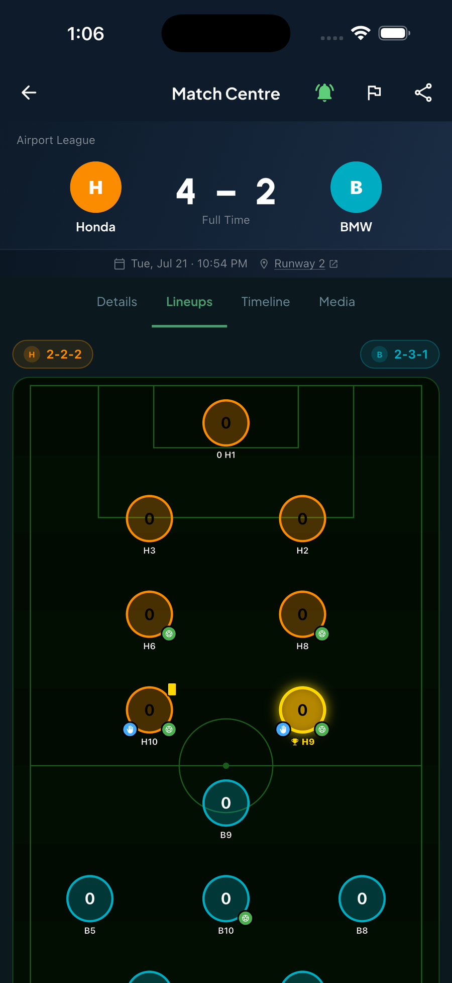 Match Centre lineups on a pitch