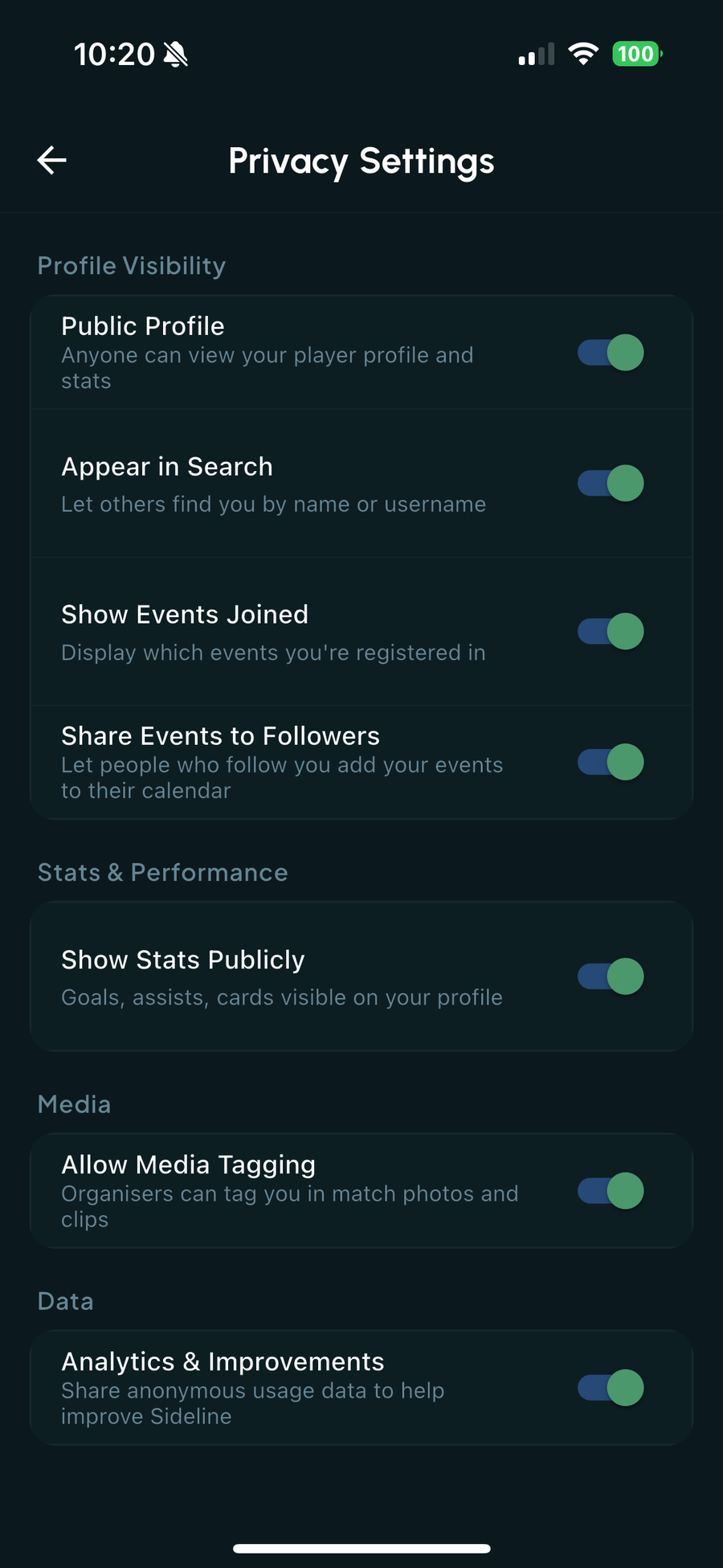 Privacy settings toggles